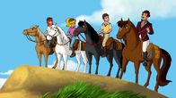 Bibi und Tina – Der Graf (r.) begleitet Bibi (2.v.l.), Tina (l.) und Alex (2.v.r.) an die Küste, wo sie auf dem Reiterhof einer alten Freundin Urlaub machen wollen.