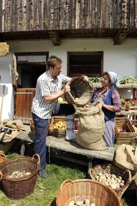 Der Bergdoktor – Endlich hilft Hans (Heiko Ruprecht, l.) seiner Mutter (Monika Baumgartner, r.) bei der Arbeit auf dem Hof.