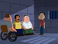 Family Guy – Bei ihrer Suche nach dem schmutzigsten Witz landen Quagmire (r.), Joe (l.), Cleveland (2.v.l.) und Peter (2.v.r.) auf einer geheimen Insel, wo sie gefangen genommen werden ...