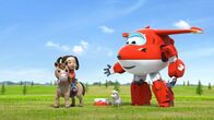 Super Wings – Nambayar, ihr Pony und Schäfchen Hüpfer wollen Jett die Schafe zeigen.