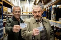 Tatort – Bei Feinkost Raschke: Die Kommissare Max Ballauf (Klaus J. Behrendt, l) und Freddy Schenk (Dietmar Bär) zeigen ihre Dienstausweise.