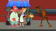 Futurama – Als Zoidberg (l.) einen Verbrecher (r.) vertreibt, der die Blumenverkäuferin Marianne (M.) bedroht, verlieben sie sich ineinander. Doch haben sie eine gemeinsame Zukunft vor sich?
