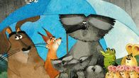 Rudis Rabenteuer – Die Mäuse werden nass! Zum Glück hat der Hase einen kleinen blauen Schirm, den er für ein Kleetrockenhaltedach hält.