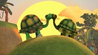 Wissper – Wissper - Der Schildkröten-Express - Schildkröte Jambo ist verzweifelt. Auf dem Weg zum Sonnenuntergangs-See, wo er mit seiner Freundin Jasmina den Sonnenuntergang genießen wollte, hat ihn ein Steinschlag am Fuß verletzt. Wie soll er jetzt rechtzeitig zum Sonnenuntergangs-See kommen? Zum Glück gibt es Wisspers magischen Kompass. Wissper und Peggy eilen herbei, um Jambo zu helfen. Foto: ORF/STUDIO 100 MEDIA. Veröffentlichung honorarfrei nur für redaktionelle Berichterstattung in Sendungszusammenhang und mit Copyrightangabe. Kontakt: foto@orf.at