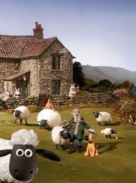 Shaun das Schaf – Der Bauer ist ein Eigenbrödler und lebt mit Schafen und anderen Tieren auf seinem Hof. Sein Hund Bitzer sorgt für Ordnung und passt auf. Mit zur tierischen Bande gehört Schaf Shaun (vorn, li.).