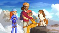 Lassie – Zoe (li.), Beth (2.v.li.) und Lassie haben Harvey erschöpft und verzweifelt an einem Berghang gefunden.
