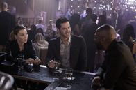 Lucifer – L-R: Chloe Decker (Lauren German), Lucifer Morningstar (Tom Ellis) and Father Frank Lawrence (Colman Domingo)