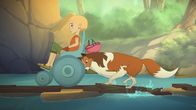 Lassie – Lassie hilft Judith, über die behelfsmäßige Brücke auf die andere Flussseite zu kommen, wo die Wanderung fortgesetzt werden soll.