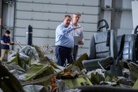 Mayday - Alarm im Cockpit – TSB Investigators Mike Cunningham (played by Judah Katz) and Alan Chaulk (played by Glen McDonald) survey the wreckage from Cougar Helicopters Flight 91. (Darren Goldstein/Cineflix 2019)