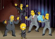 Die Simpsons – Lisa (vorne) freundet sich mit einem alten Magier an, der seine Zaubertricks an sie weitergibt. Sie tritt daraufhin als "The Great Simpsina" auf, jedoch bemerkt sie, dass die Konkurrenz, Ricky Jay (l.), David Copperfield (2.v.l.) und Penn & Teller (r.) es auf sie abgesehen hat ...