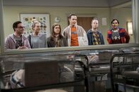 The Big Bang Theory – Die einen freuen sich über den Nerd-Nachwuchs, die anderen weniger: (v.l.n.r.) Leonard (Johnny Galecki), Penny (Kaley Cuoco), Amy (Mayim Bialik), Sheldon (Jim Parsons), Stuart (Kevin Sussman) und Patenonkel Raj (Kunal Nayyar) ...