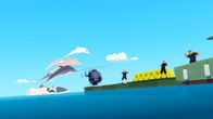 Zoom - Der weiße Delfin – Zoom und seine Delfinfreunde greifen den Kahn von Terence Werner (h.l.) an, der von seinen Männern (r.) radioaktiven Müll ins Meer kippen lassen will. Die Delfine wollen das verhindern.