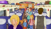 Meine Freundin Conni – Conni, Jakob und Mama suchen im Zugabteil ihre Sitzplätze.