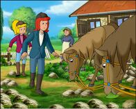 Bibi und Tina – Die Ponys fressen den Kräutergarten kahl - wie können Bibi (links) und Tina (Mitte) das wieder ausbügeln?