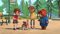 Paddingtons Abenteuer – L-R: Jonathan Brown, Lucky, Judy Brown, Paddington
