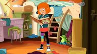 Hexe Lilli – Lilli schlägt in ihrem Zimmer etwas im Zauberbuch nach.