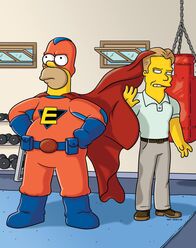 Die Simpsons – Bart und Milhouse überzeugen den Comic-Verkäufer, sein Werk "Everyman" zu veröffentlichen. Es wird ein Super-Hit und schnell ist klar, dass die Comicreihe verfilmt wird. Durch unglückliche Umstände bekommt Homer (l.) die Titelrolle ...
