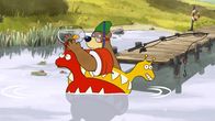 Unser Sandmännchen – Dr. Brumm und Pottwal schwimmen auf dem See.