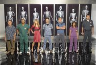 Scrubs - Die Anfänger – Die Belegschaft des Sacred Heart Hospitals muss täglich mit neuen Überraschungen rechnen: (v.l.n.r.) Dr. Bob Kelso (Ken Jenkins), Turk (Donald Faison), Elliot (Sarah Chalke), J.D. (Zach Braff), Dr. Phil Cox (John C. McGingley), Carla (Judy Reyes) und der Hausmeister (Neil Flynn)