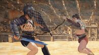 Schätze des Römischen Reichs – A 2D CGI shows Retiarius gladiator (right) fighting a Secutor gladiator (left) in the arena. (Windfall Films)