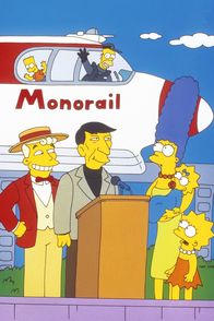 Die Simpsons – Die Einschienenbahn wird von Mr. Lanley (l.) und Leonard Nimoy (2.v.l.) eingeweiht. Marge (3.v.r.), Lisa (r.), Bart (oben l.) und Maggie (2.v.r.) sind mächtig stolz auf Homer, der den Job als Zugführer angenommen hat.