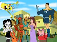 Drawn Together – L-R: Wooldoor Jebediah Sockbat, Toot Braunstein, Ling-Ling, Foxxy Love, Xandir P. Wifflebottom, Princess Clara, Spanky Ham, Captain Leslie Hero