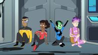Star Trek: Lower Decks – L-R: Sam Rutherford, Beckett Mariner, D'Vana Tendi, Brad Boimler