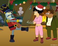 Futurama – Außerirdische Weihnachten mit Bender (l.), Amy (M.) und Hermes (r.) ...