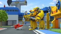 Super Wings – Donnie hat sich ein mechanisches Gerüst gebaut und ist jetzt “Riesen-Donnie”.