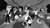Futurama – Aliens, die nur durch Tanz kommunizieren, bedrohen die Erde. Verzweifelt versuchen Fry (l.), Hermes (2.v.l.), Amy (3.v.l.), Leela (3.v.r.), Zoidberg (2.v.r.) und Bender (r.) ...