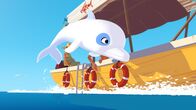 Zoom - Der weiße Delfin – Der weiße Delfin Zoom springt vor Freude aus dem Wasser. Neben ihm im Boot sitzen sein Freund Yann und Jack, die auf der Suche nach einer versunkenen Galeone sind. Ein neues Abenteuer steht bevor.