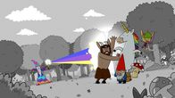 Super Happy Magic Forest – Im Super Happy Magic Forest verschwinden die Farben! Die Helden - Hufius, Herbert, Blümchen, Tupfen und Twinkle finden heraus, dass Zauberer Balthasar (links) daran schuld ist.