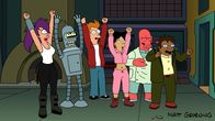 Futurama – Freuen sich, dass sie nach ihrer Entlassung wieder einen Job haben: (v.l.n.r.) Leela, Bender, Fry, Amy, Zoidberg, Hermes ...