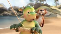 Drache Digby – Noch ist alles in Ordnung, und Digby und Chips freuen sich über die Flug-Kunststücke, die Digbys Drachen in der Luft macht.