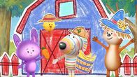 Dylans Spielkiste – An ihrer Scheune kommen die Freunde Daisy (l.), Bitsy (M. l.), Dylan (M. r.) und Ozzy (r.) am Ende ihres Spiels zusammen. Heute haben sie Bauern gespielt und mussten die Bananenernte vor gefräßigen Hasen und einer bösen "Karottenkrähe" verteidigen.