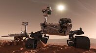 Mars-Rover: Erforschung des Roten Planeten – CGI-BILD: Zwei Rover-Generationen Seite an Seite: Mars Science Laboratory, auch Curiosity genannt, rechts, mit Mars Exploration Rover, auch Spirit und Opportunity genannt.