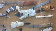 Lockdown – Denver, Colorado, USA: The shank board at the Denver County Jail. Many of the shanks are created by the gang members of the jail for intimidation or attacks.