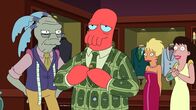 Futurama – Zoidberg (2.v.l.) hat in einem Müllcontainer acht Millionen Dollar gefunden. Er nimmt das Geld und macht sich auf den Weg nach Mars Vegas, doch vorher muss ein neuer Anzug her ...