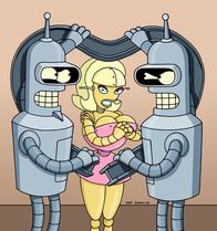 Futurama – Angleene (M.) gesteht Bender (r.), dass sie eigentlich Flexo (l.) liebt ...