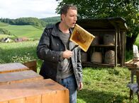 Tiere bis unters Dach – Dr. Philipp Hansen (Heikko Deutschmann) untersucht den Bienenstock mit den toten Bienen.