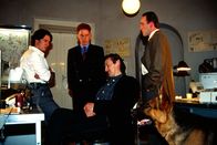 Kommissar Rex – Innerhalb kurzer Zeit werden zwei Nachtclub-Besitzer umgebracht. Kommissar Richie Moser (Tobias Moretti, l.) und Kriminalassistent Ernst Stockinger (Karl Markovics, r.) verhören den Profikiller Oleg Karenin (Krzysztof Majchrzak, 2.v.r.) in Anwesenheit seines Anwaltes Dr. Bernhard (André Pohl, 2.v.l.).