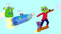Simon Superhase – Super-Ferdi (l.) und Superhase (2.v.l.) versuchen beide im Alleingang, den bösen Professor Wolf (r.) und seinen Teddy-Roboter Mega-Mini (2.v.r.) mit Hilfe ihrer Raumschiffe zu fangen. Doch dabei stehen sie sich gegenseitig im Weg.