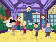 American Dad! – Barry (l.), Akiko (2.v.l.), Steve (3.v.l.), Stan (4.v.r.), Toshi (3.v.r.), Schmuely (2.v.r.), Nathan (r.)