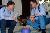 Kommissar Rex – Die Stimmung ist nach dem Tod von Moser gedrückt. Vor allem Rex trauert. Böck (Heinz Weixelbraun, l.) und Höllerer (Wolf Bachofner, r.) versuchen vergeblich, Rex aufzumuntern.